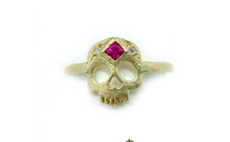 Skull with Princess Cut Ruby Ring