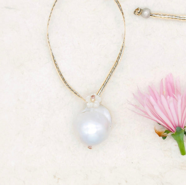 White Baroque Pearl on Ribbon Necklace
