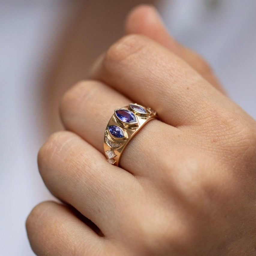 Triple Marquise Tanzanite Diamonds Ring