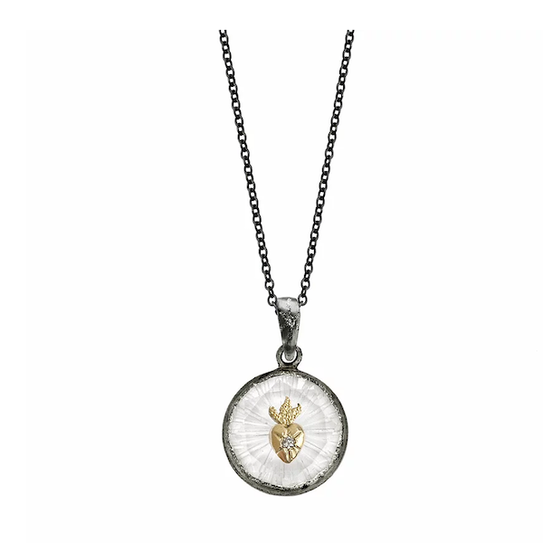 Oxidized Small Round Amulet Necklace - Sacred Heart