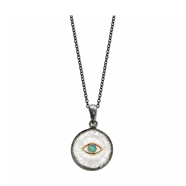 Oxidized Small Round Amulet Necklace - Opal Eye